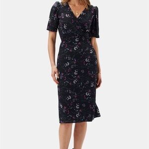 Amour Vert Nicolette Washable Silk Black Floral Wrap Midi Dress